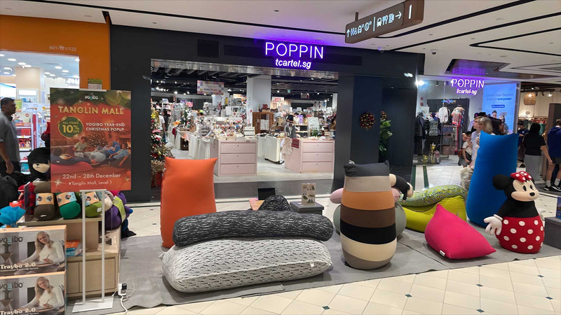 Yogibo year-end Christmas popup at Tanglin Mall in Singapore, featuring a festive comfort display inside the shopping mall