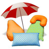 Group of Yogibo Bean Bags Max paired with Support back pillow, Short, and Lounger in their outdoor covers