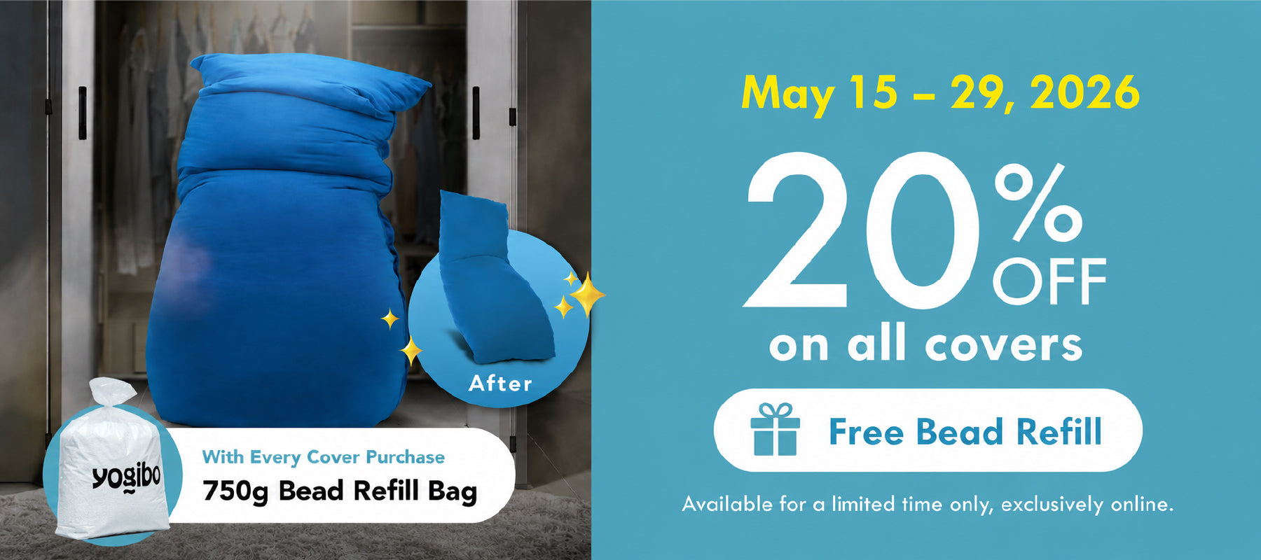 Promotional banner for a blue cover with a discount offer and free bead refill bag on a blue background.