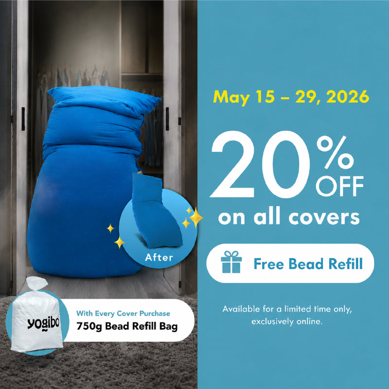 Blue bean bag chair with promotional text for 20% off on all covers and a free bead refill offer.